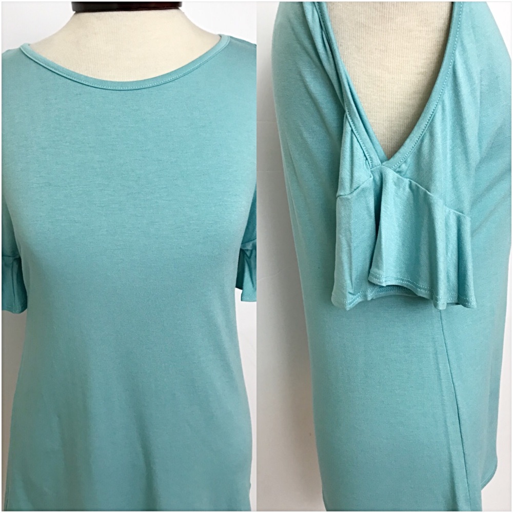 📍SALE Adorable Turquoise Cold Shoulder Tee Top S - Picture 6 of 7